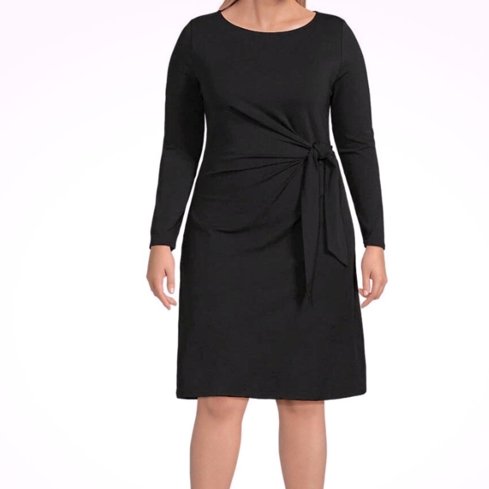 NWT Lands’ End Sz 2X Women's Plus Size Boatneck Long Sleeve Tie Waist Dress Blk